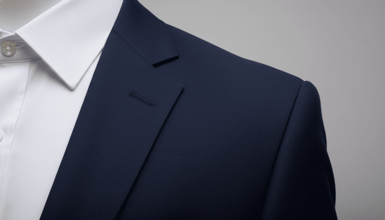 Close-up of navy blazer over a white Alimens & Gentle shirt showing fabric texture and clean stitching.