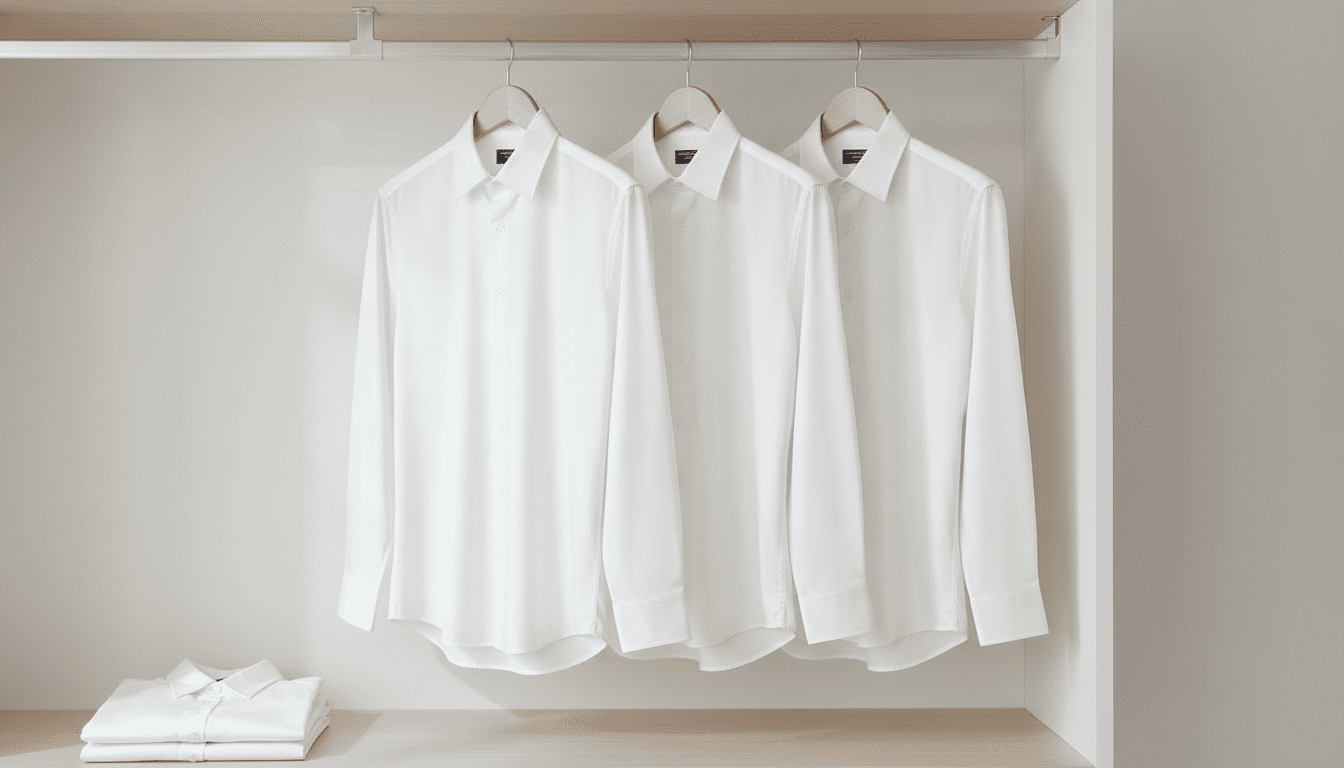 Three white Alimens & Gentle dress shirts hanging neatly on wooden hangers in a closet.