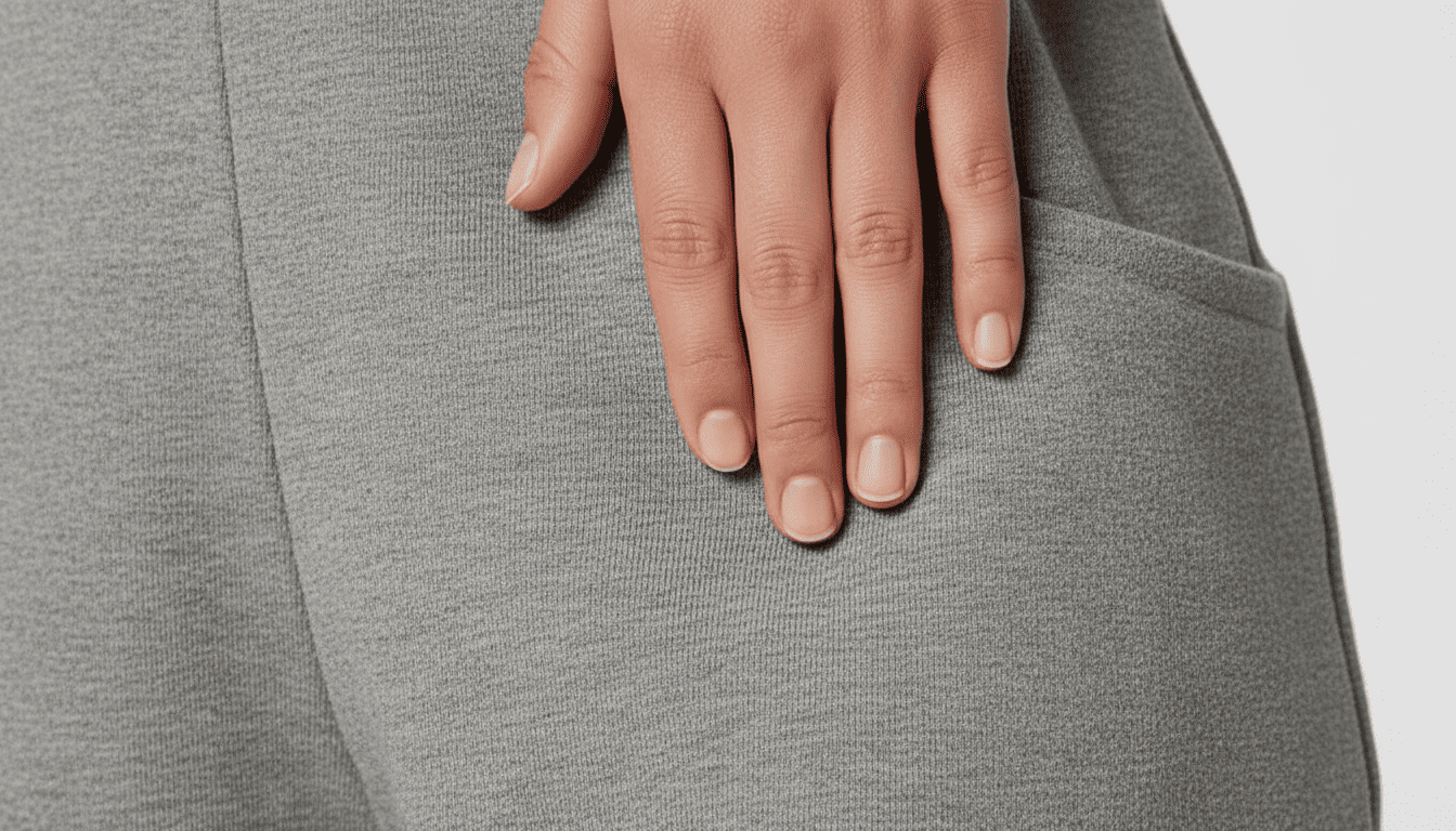Close-up of soft heathered jersey fabric showing stretch and fine knit texture.