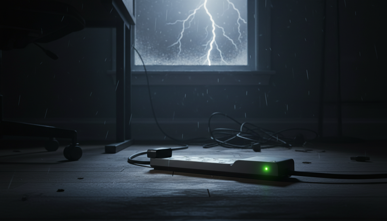Belkin surge protector glowing with protected indicator during a lightning storm in a dark room. Best surge protector