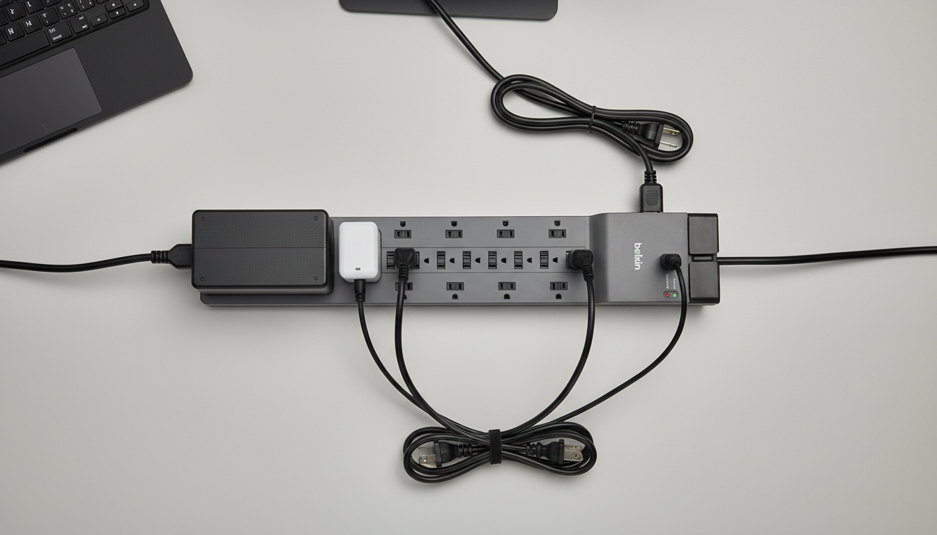 Belkin surge protector with 12 outlets neatly organizing multiple cables and power adapters.