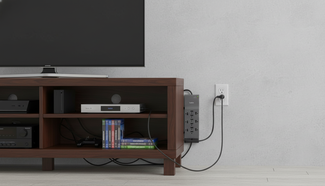 Belkin surge protector flat right-angle plug positioned behind furniture to save space.