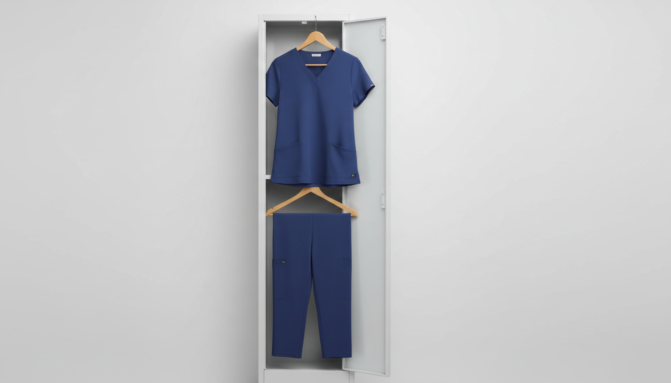 Navy blue COZYFIT scrub set hanging neatly on a white locker, clean and ready for use. Best moisture-wicking scrubs
