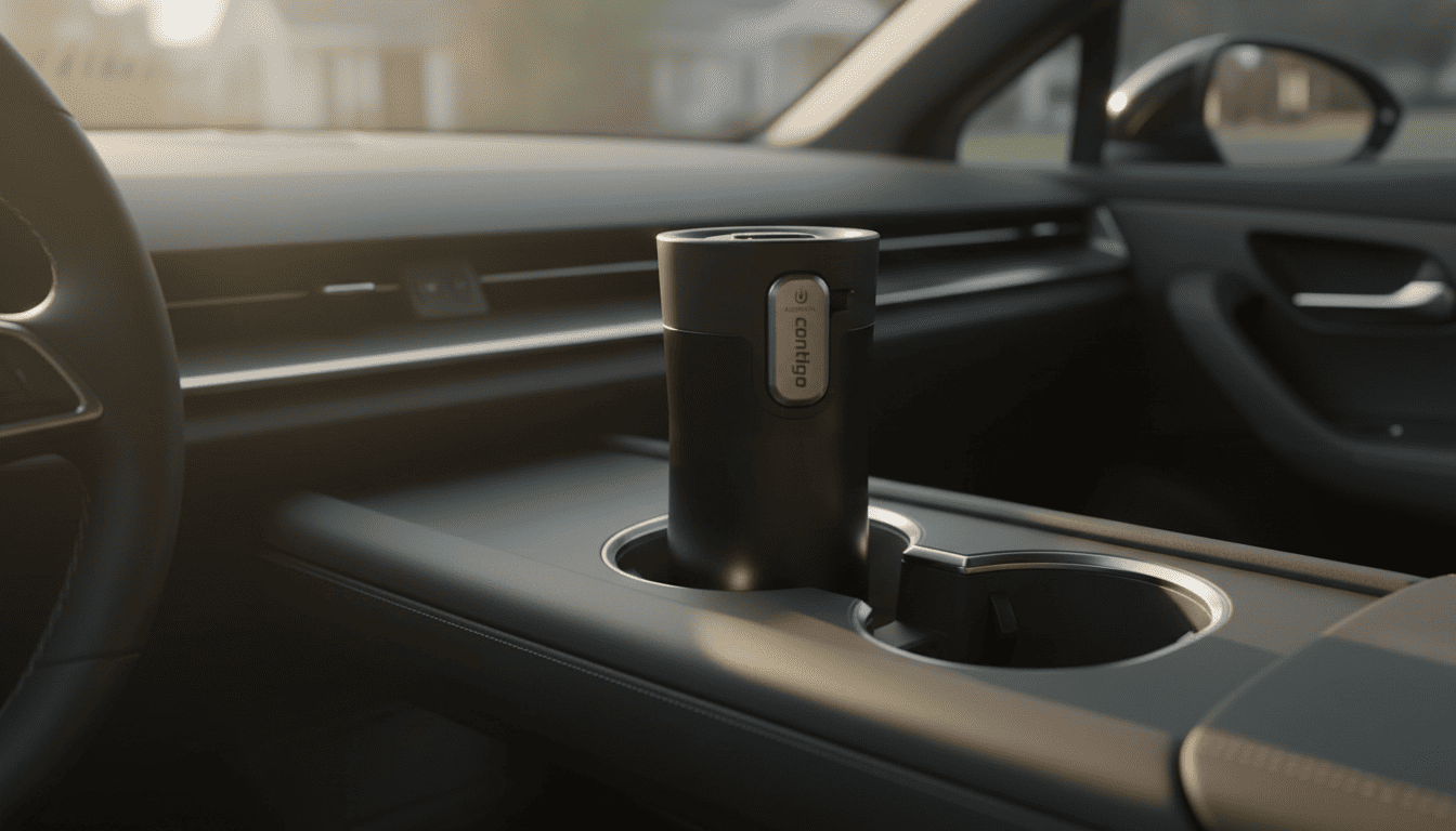 Matte black Contigo AUTOSEAL travel mug placed in a car cupholder in soft morning light. Best leak-proof coffee mug