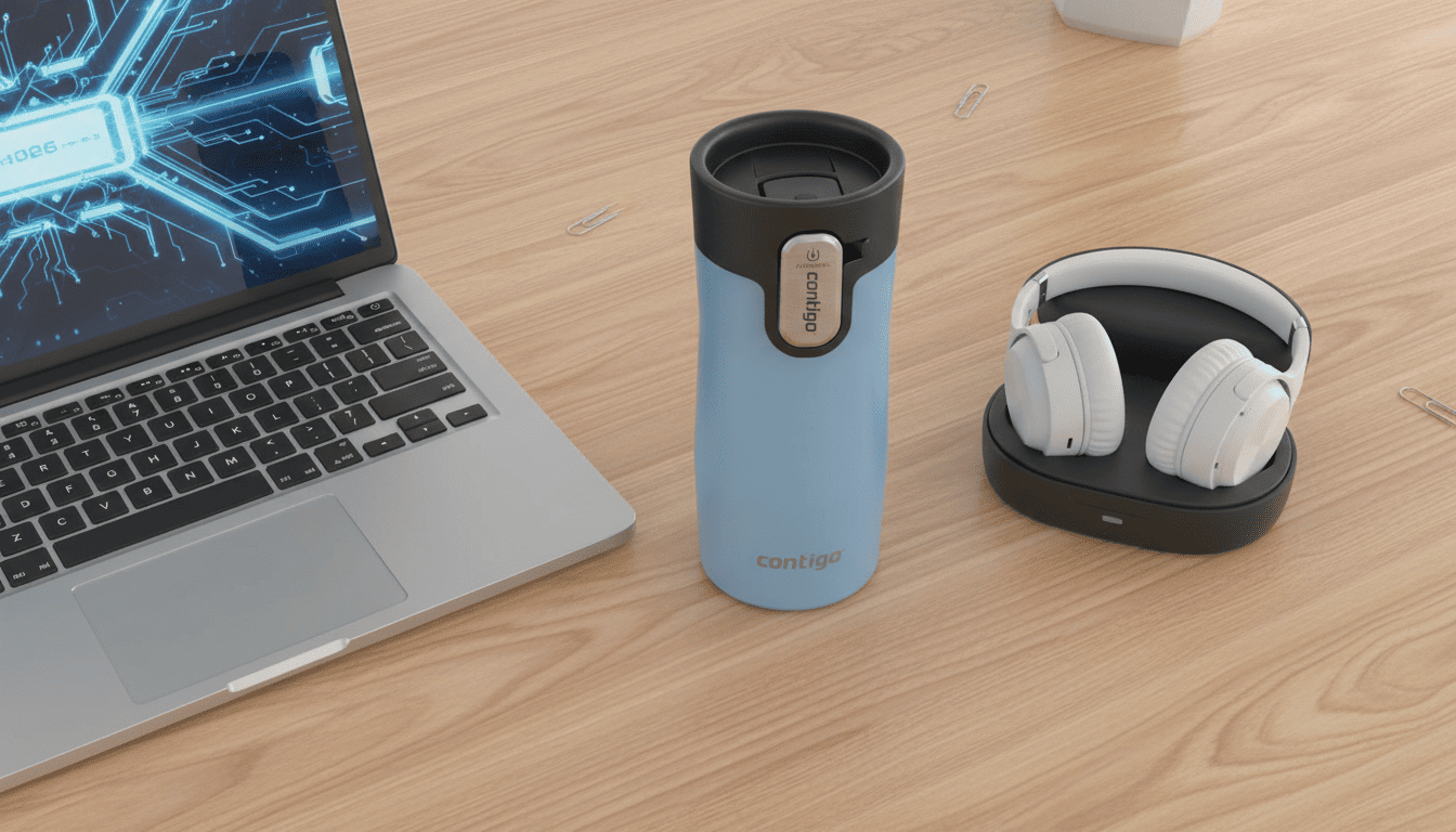 Contigo stainless steel travel mug on a desk beside a laptop and wireless headphones.