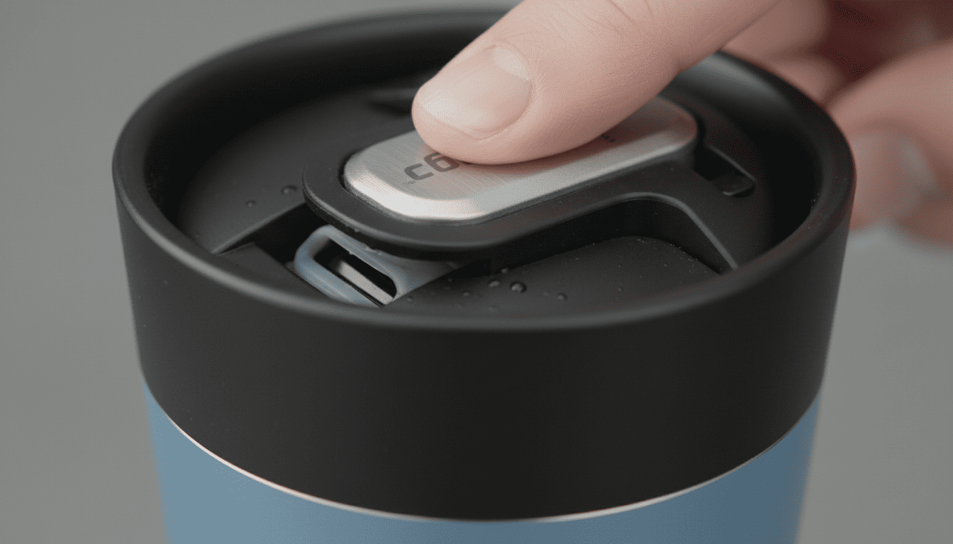 Close-up of Contigo AUTOSEAL lid button being pressed, showing precision design.