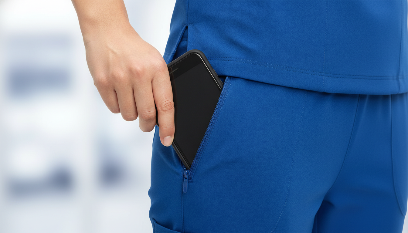 Hand placing a smartphone into a zipped cargo pocket on COZYFIT jogger scrubs.