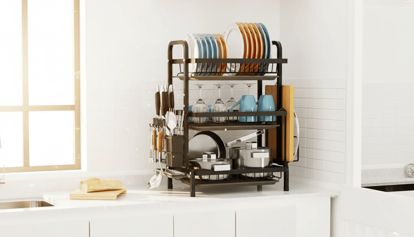 Black 3-tier stainless steel dish rack in a bright minimalist kitchen with sunlight. Best Vertical dish drainer