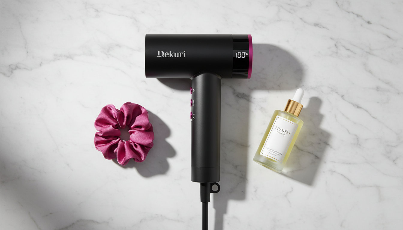 Best hair dryer for frizz control and shine in the UK dMatte black Dekuri ionic hair dryer with pink accents on a marble surface with hair accessories. Best hair dryer for frizz control and shine