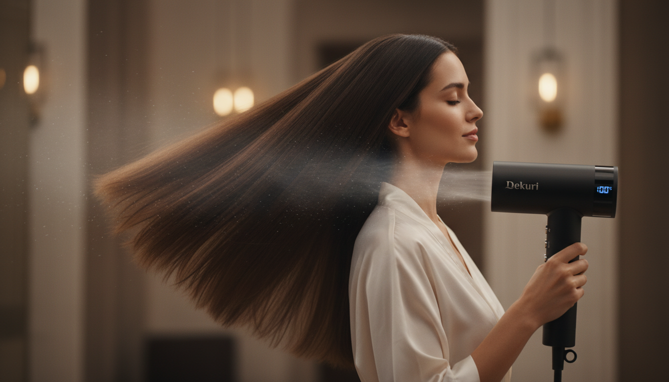 Best hair dryer for frizz control and shine in the UK Woman drying long hair with a high-speed ionic hair dryer creating smooth, frizz-free airflow.
