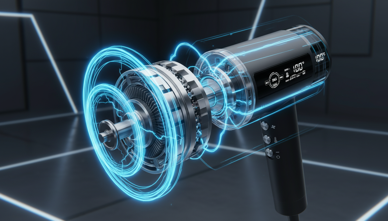 Best hair dryer for frizz control and shine in the UK 3D render of a high-speed brushless motor inside a hair dryer with glowing energy lines.