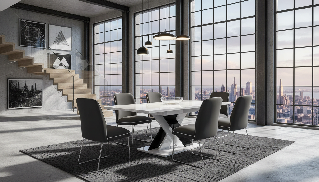 Best scratch-resistant folding table for apartments Black and white high-gloss extendable dining table in a modern industrial loft with large windows and contemporary decor. Best scratch-resistant folding table