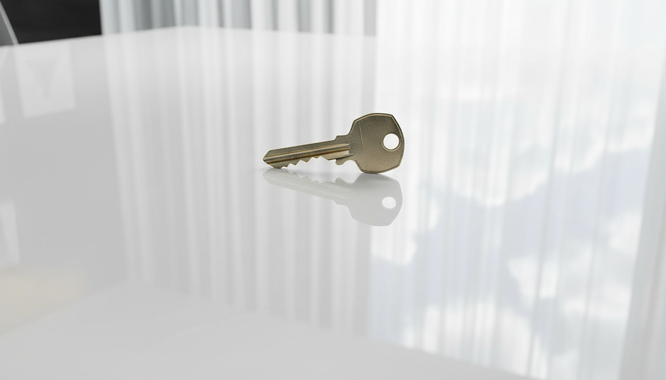 Best scratch-resistant folding table for apartments Metal key sliding across a white high-gloss table surface with no scratches, reflecting light like a mirror.