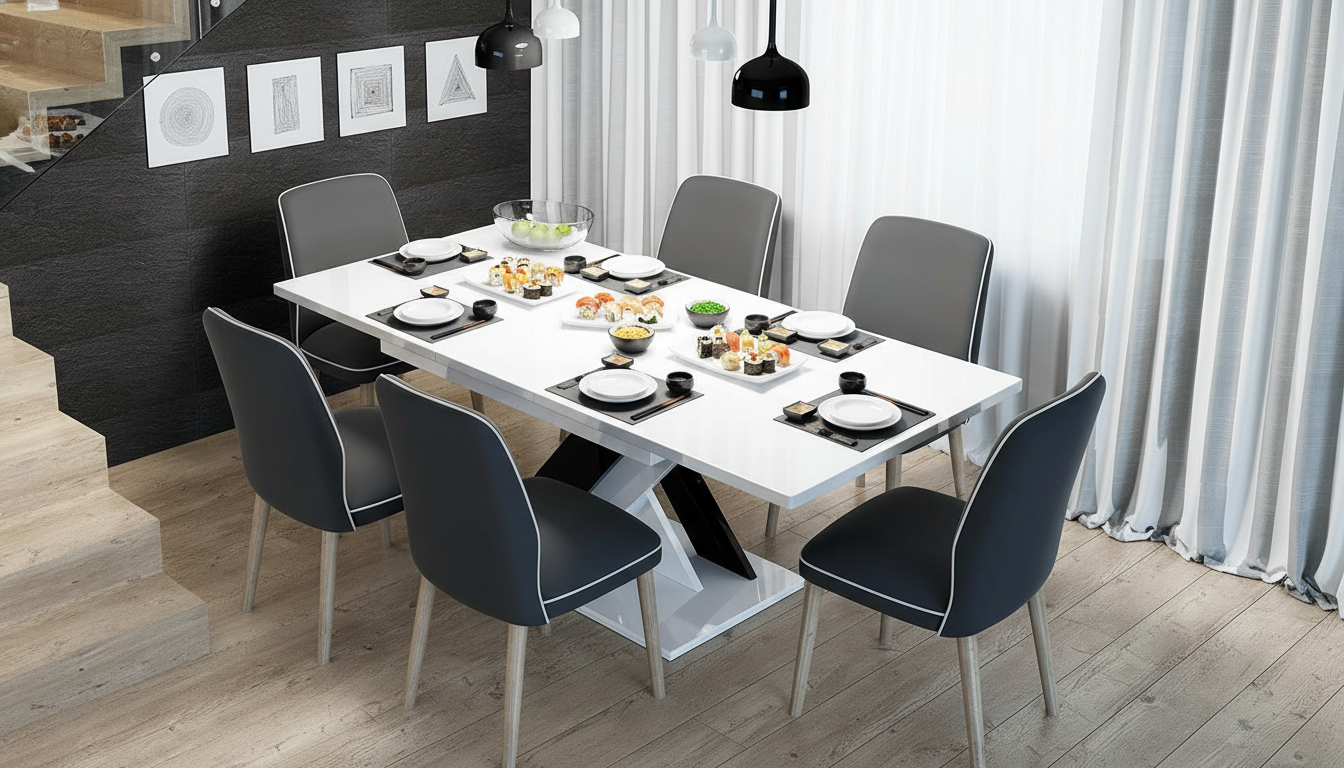 Best scratch-resistant folding table for apartments Extended high-gloss dining table set for six with minimalist dinnerware and a sushi meal arrangement.