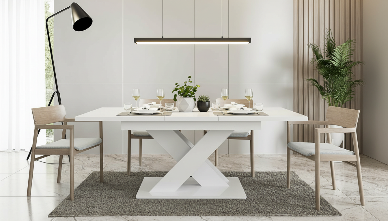 White high-gloss extendable dining table in a modern studio apartment with plants and minimalist decor. Best minimalist dining table for studio apartment