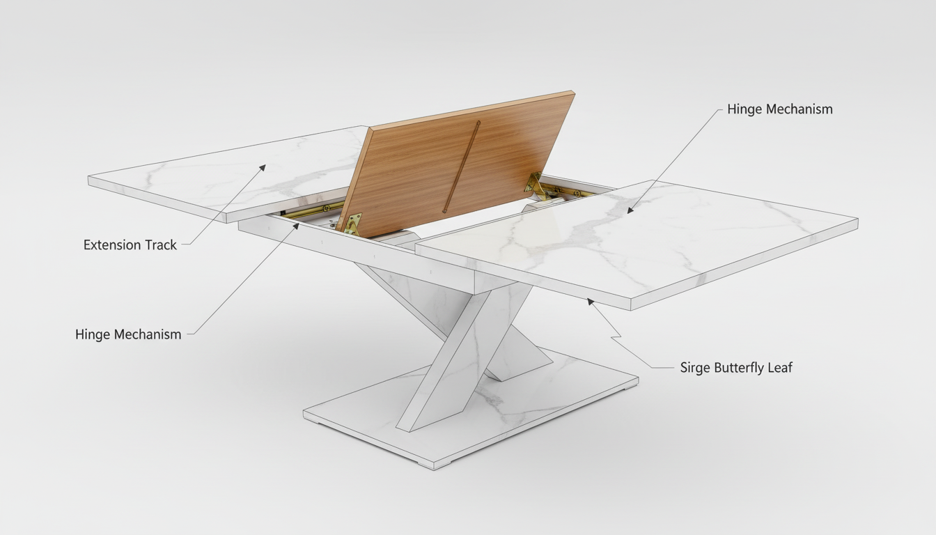3D render of a white extendable dining table opening to reveal a hidden wooden butterfly leaf extension.