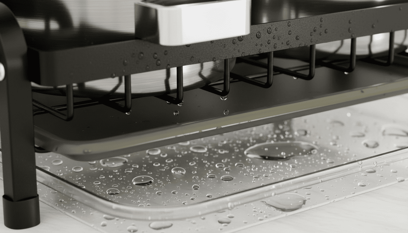 Water droplets on a matte black dish rack with drip tray collecting water below.