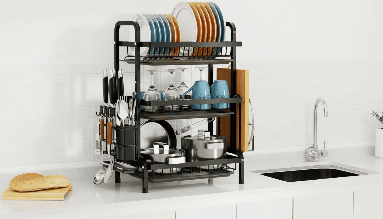 Fully loaded 3-tier dish rack with plates, bowls, and utensils neatly arranged.