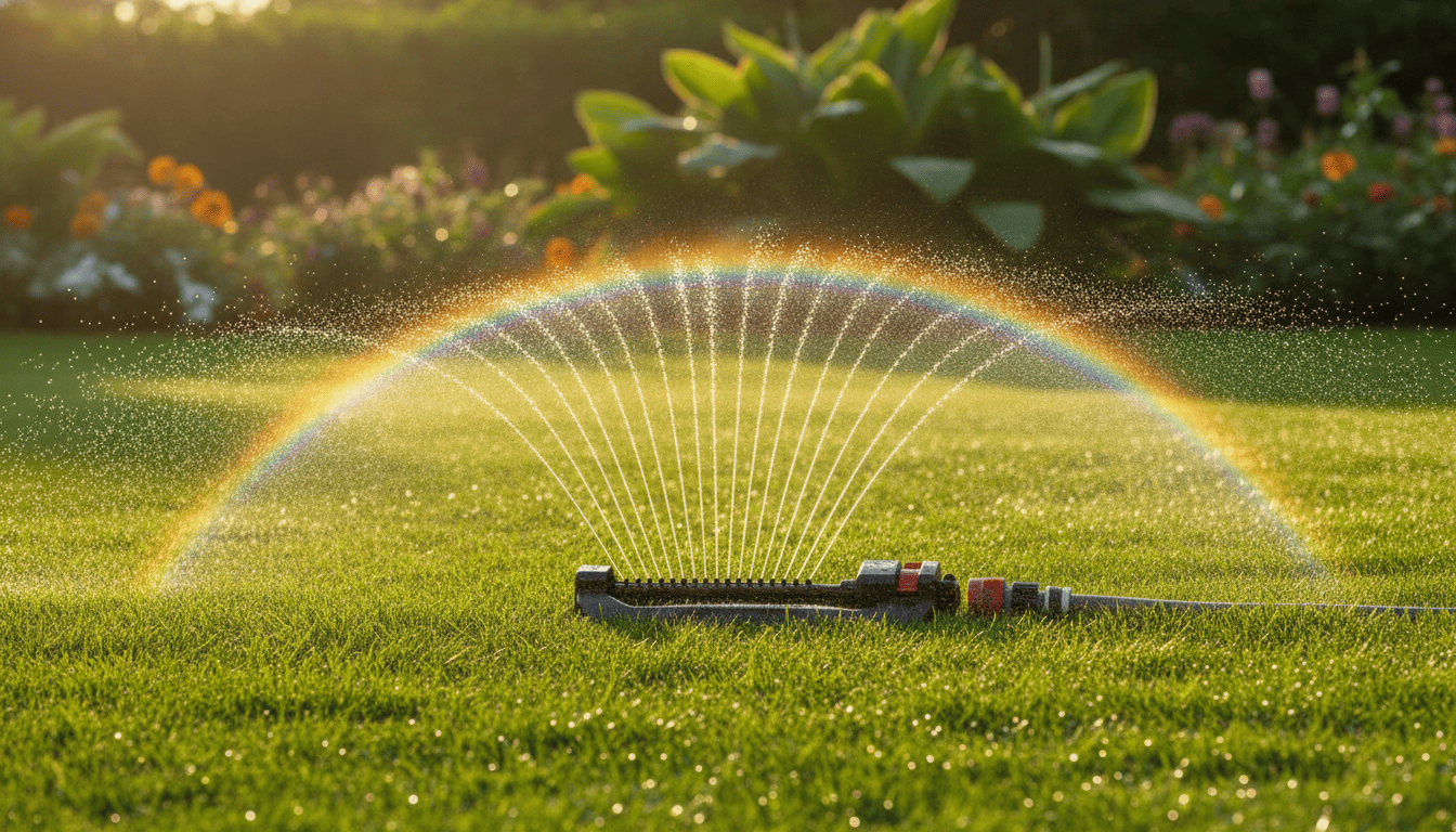 Black and yellow oscillating garden sprinkler watering a green lawn at sunrise with a visible rainbow in the mist. Best oscillating sprinkler