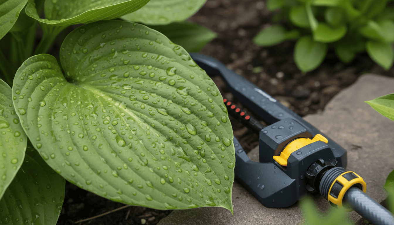 Water droplets on a leaf beside a black and yellow oscillating sprinkler on a garden lawn.