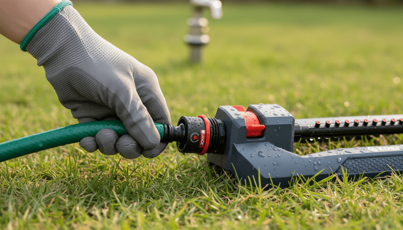 Hand attaching a garden hose to a quick-connect fitting on a black and yellow sprinkler.