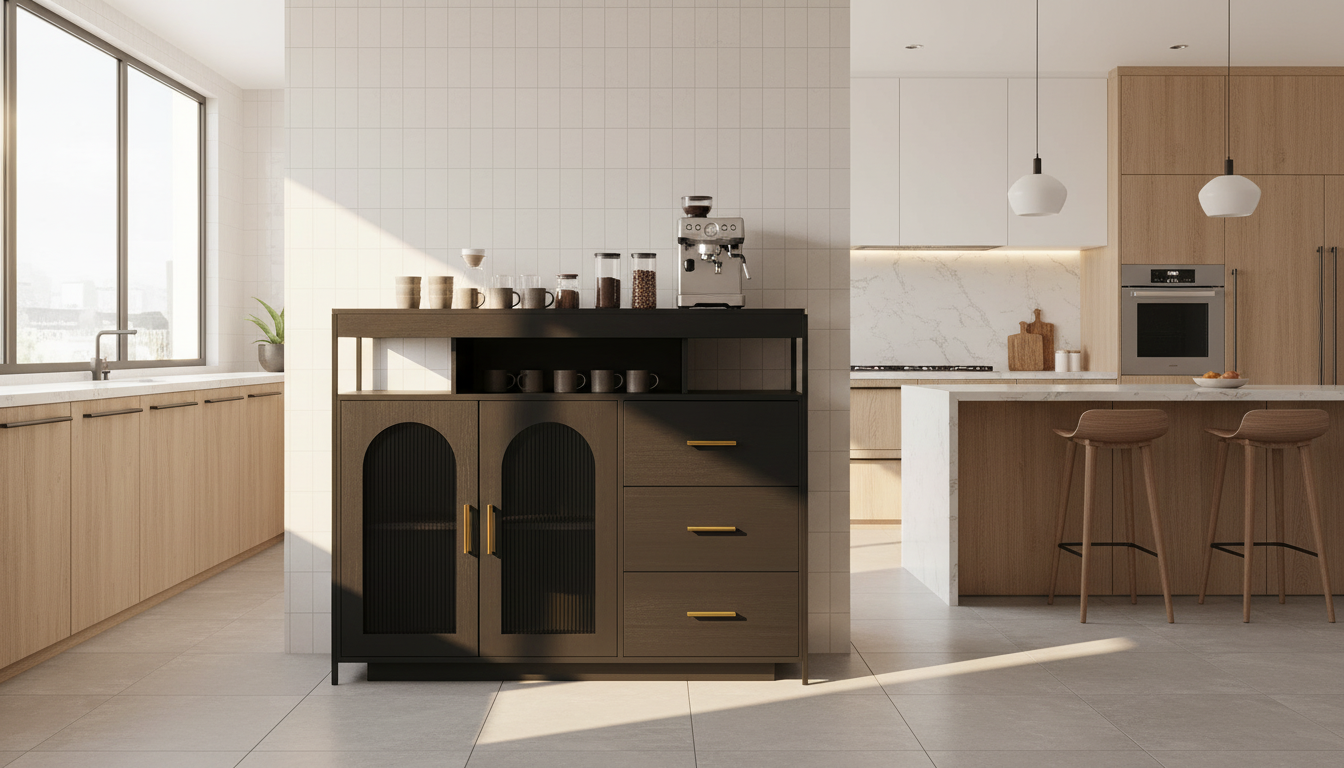 Industrial-style coffee bar cabinet with black steel frame, wooden shelves, and mesh doors in a modern kitchen.