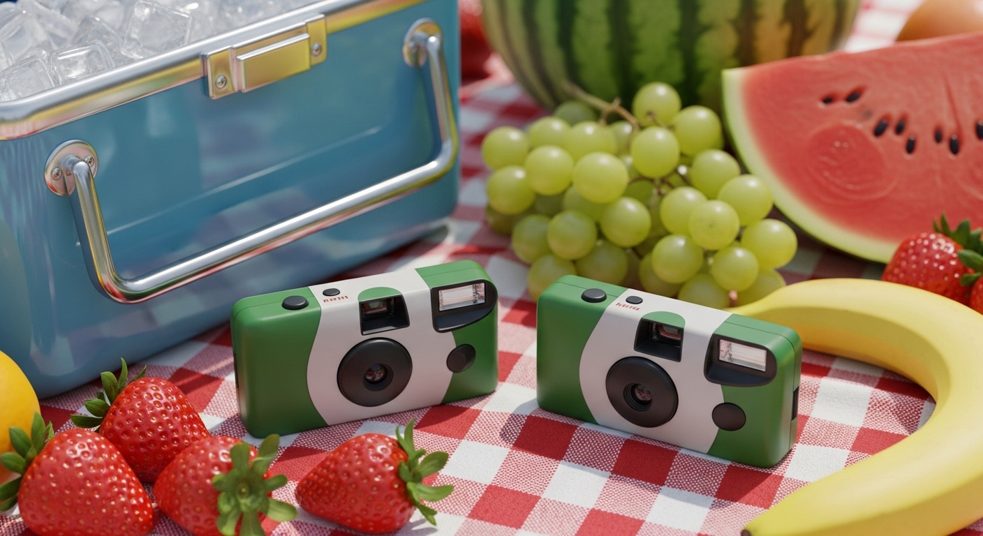 Two green and white Fujifilm QuickSnap disposable cameras on a picnic blanket with fruit and a cooler. Best Disposable Camera