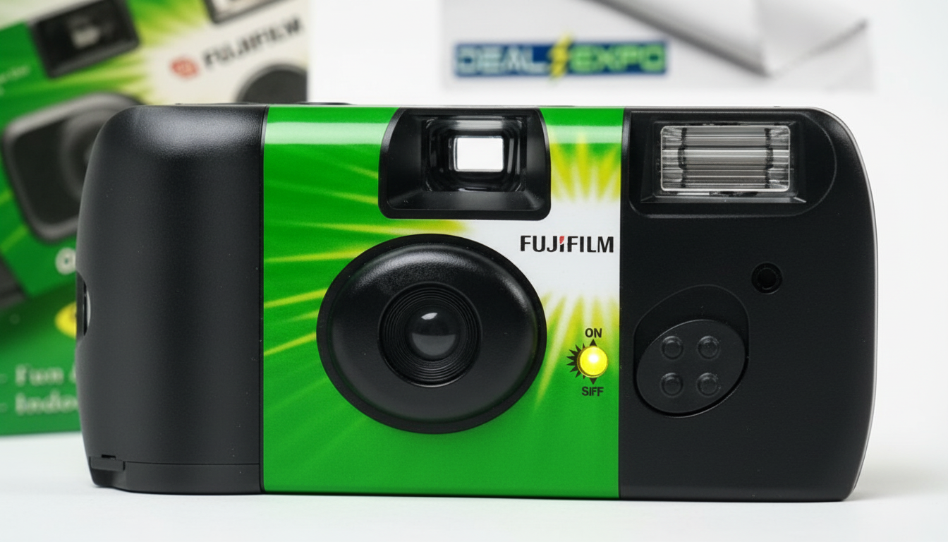 Close-up of Fujifilm QuickSnap disposable camera lens and yellow flash ready indicator.