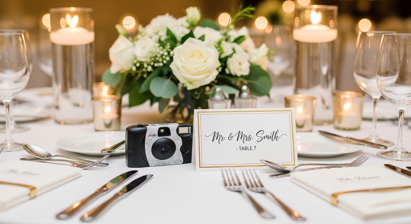 Fujifilm QuickSnap disposable camera placed on a wedding table beside a name card.