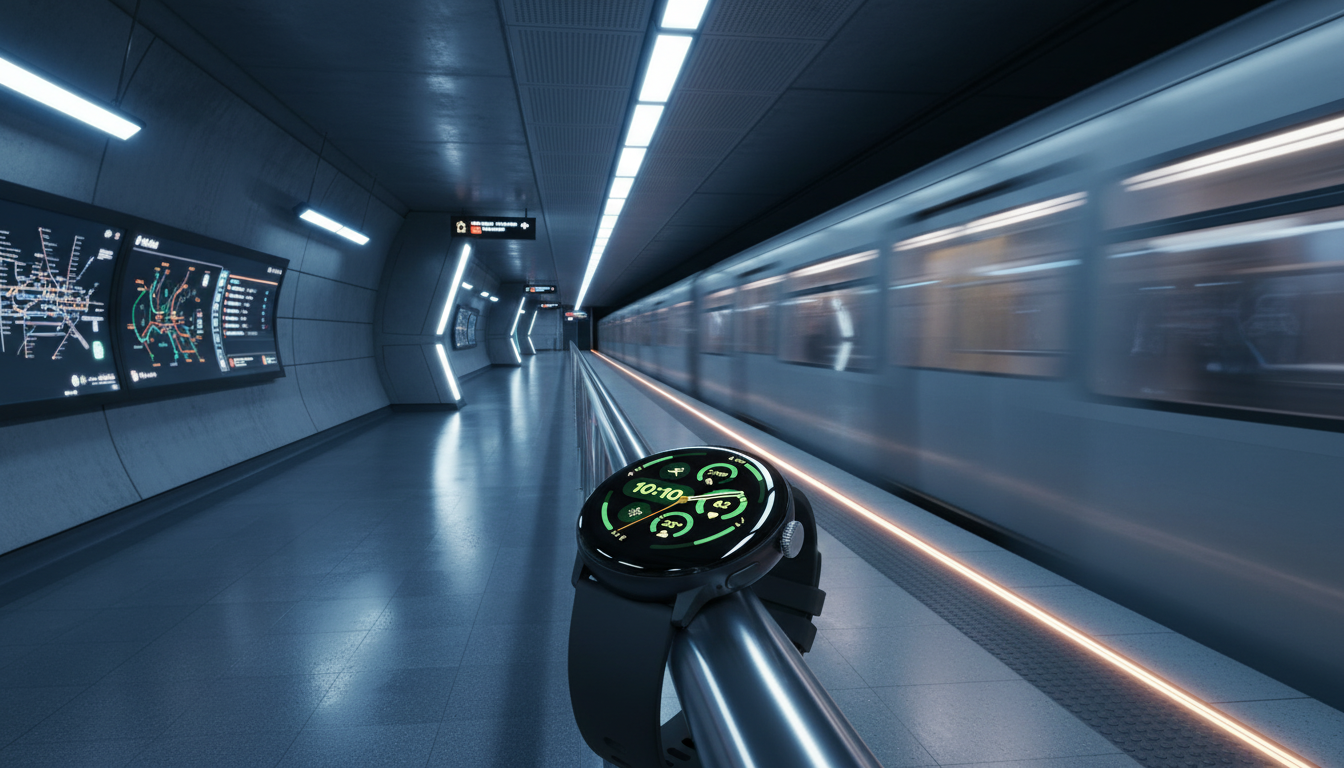 Google Pixel Watch 3 with black band glowing in a futuristic subway station. Best Android smartwatch