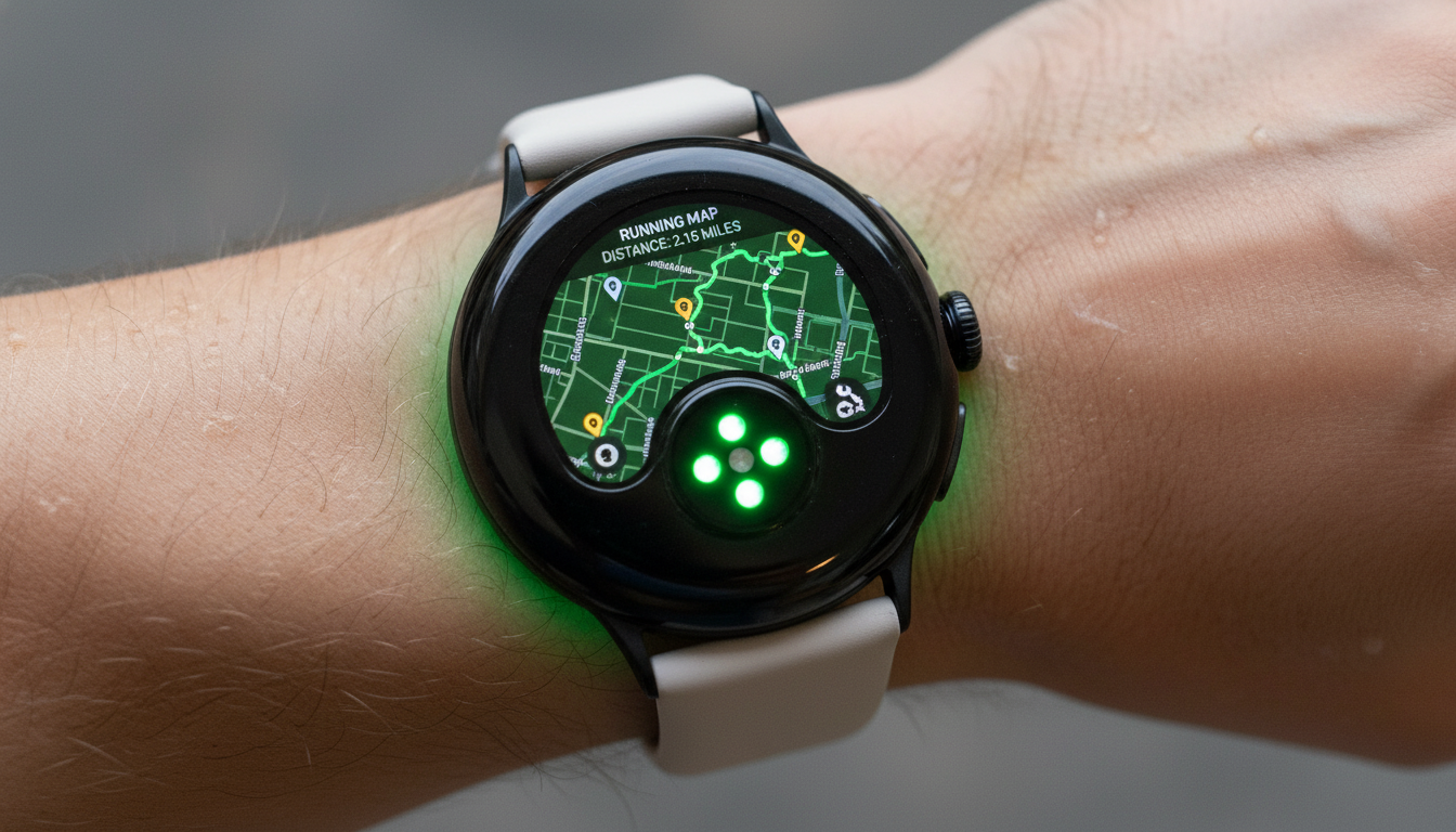 Pixel Watch 3 heart-rate sensors glowing green on wrist with fitness tracking display active