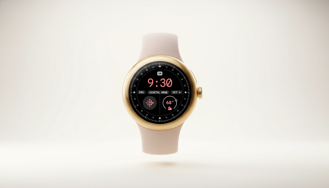 Google Pixel Watch 3 41mm in Champagne Gold floating in a minimalist studio.