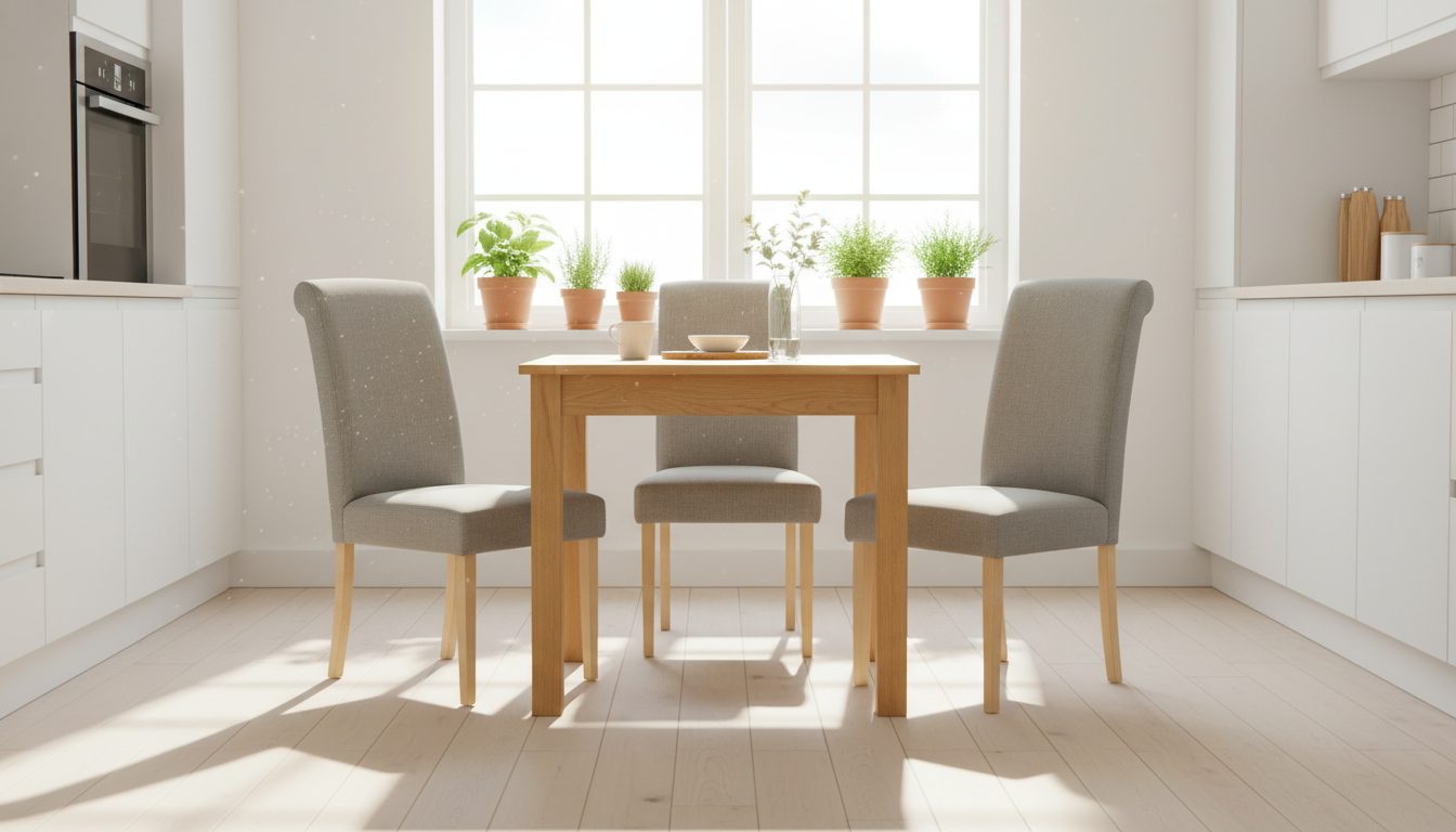 Hereford light oak 4-seater dining set in a bright white kitchen with sunlight and herb plants on the windowsill. Best solid wood dining table