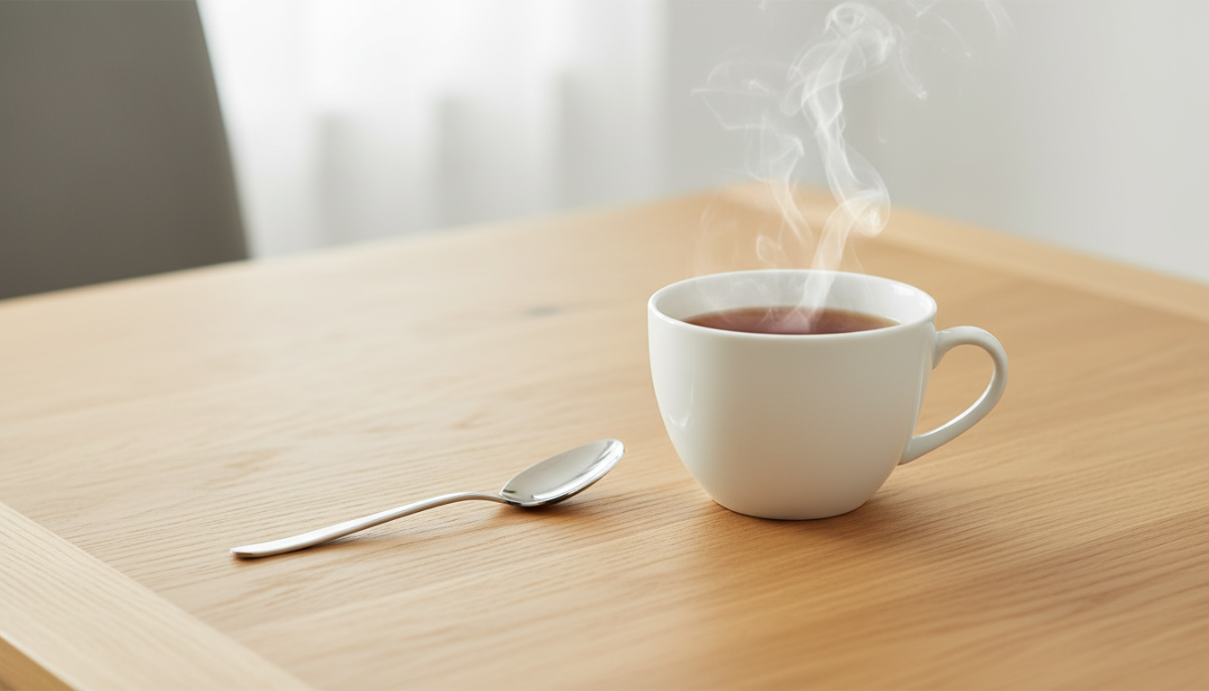 Close-up of Hereford oak dining table surface showing natural wood grain with a cup of tea on top.