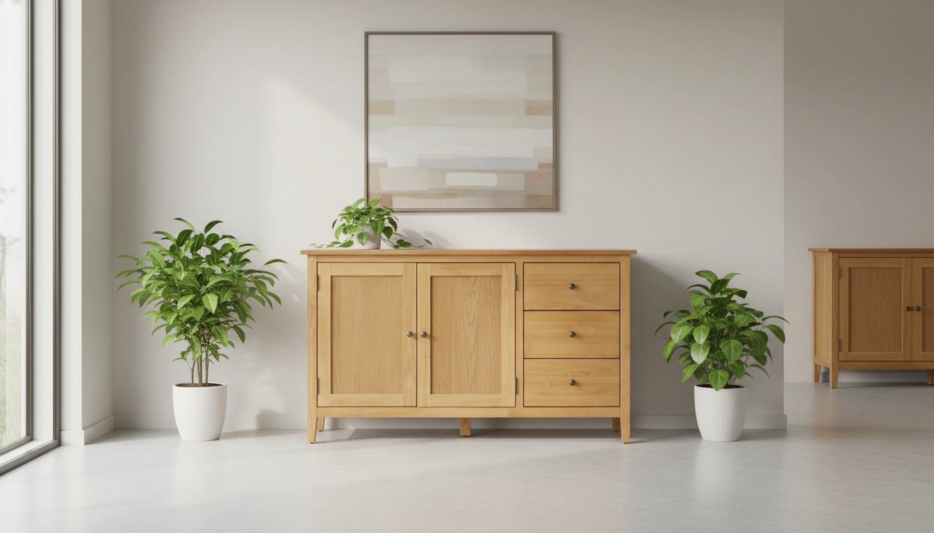 Large light oak sideboard in a modern dining room with neutral tones, plants, and soft morning sunlight. Best large wooden sideboard