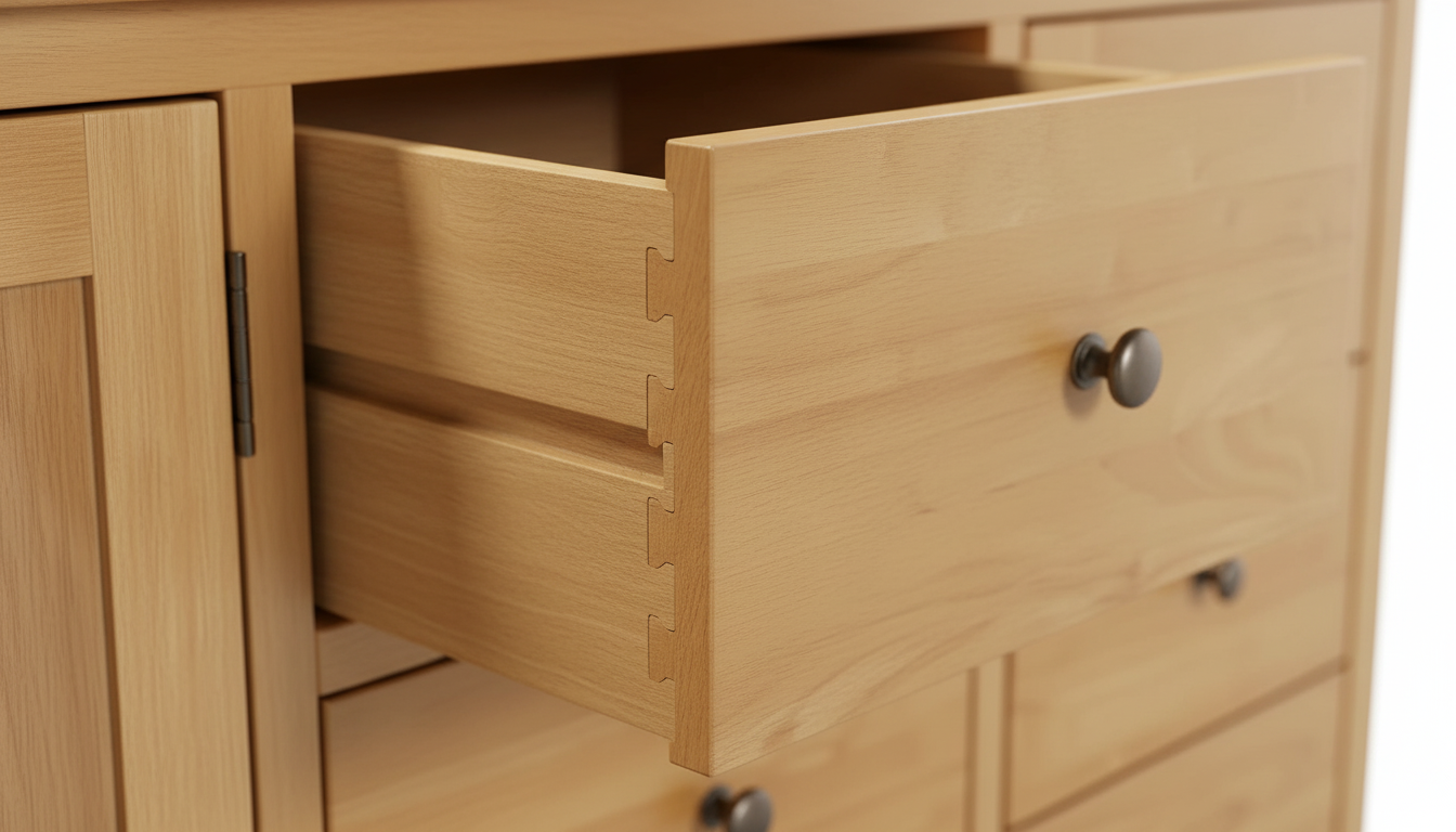 Close-up of a solid oak sideboard drawer showing dovetail joints and a brushed steel cup handle.