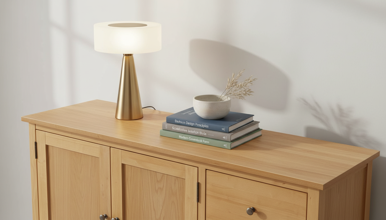 Top view of an oak sideboard styled with a lamp, books, and a ceramic bowl in a minimalist setup.