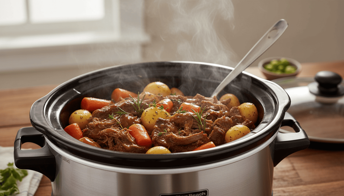 Hamilton Beach 7-quart slow cooker filled with pot roast, carrots, and potatoes with steam rising. Best large capacity slow cooker