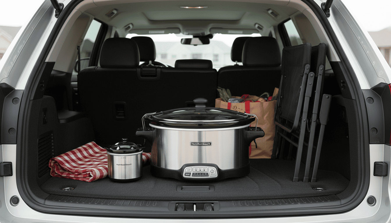 Hamilton Beach slow cooker with lid clipped shut in a car trunk ready for transport.