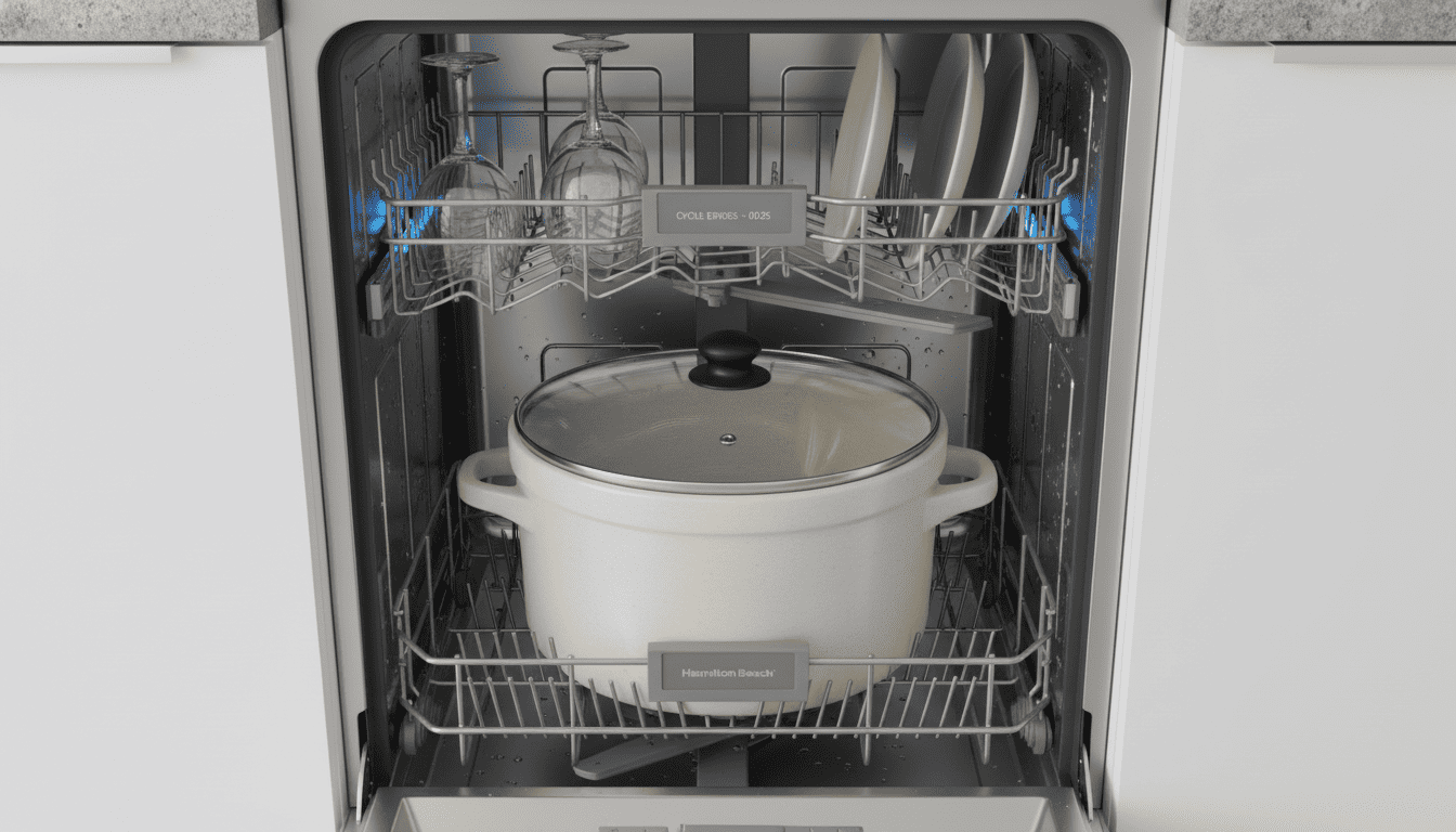 Hamilton Beach slow cooker stoneware and glass lid placed inside a dishwasher for easy cleaning.