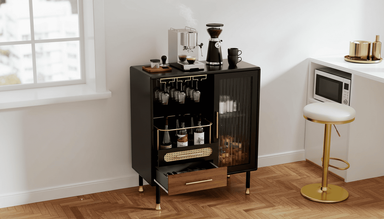 Black HOLTICO coffee bar cabinet with espresso machine and coffee cup in a sunlit kitchen. Best coffee bar