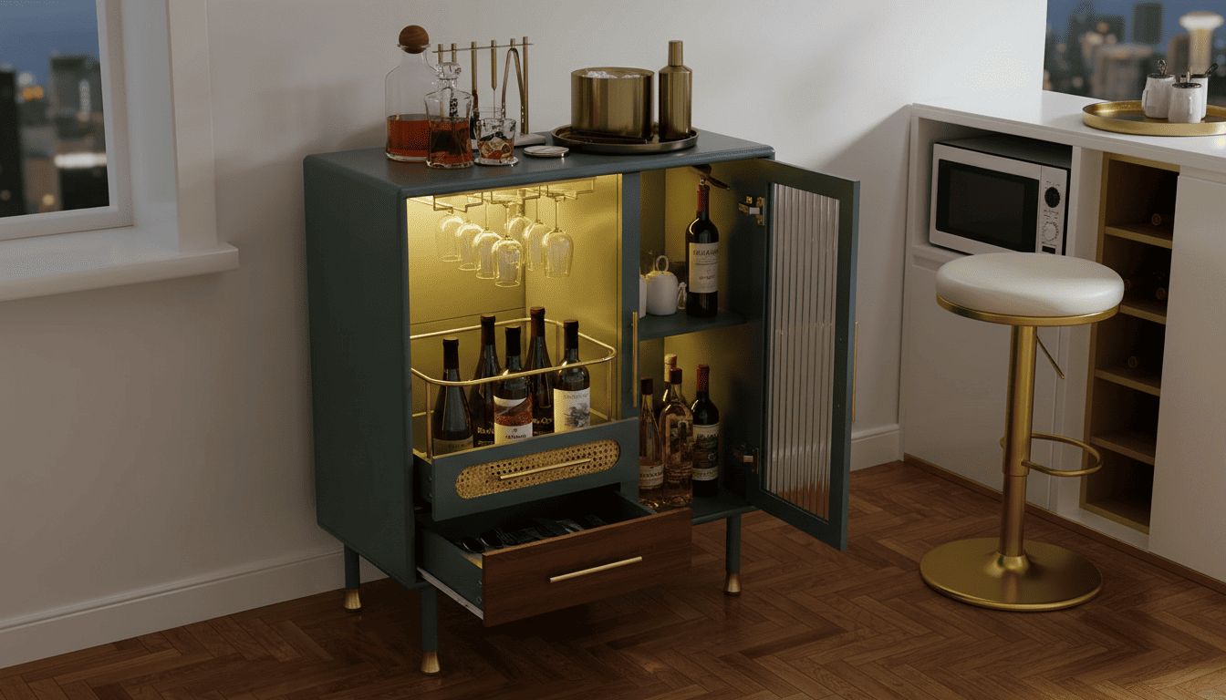 HOLTICO bar cabinet with LED lights, wine glasses hanging, and a bottle being opened in the evening.