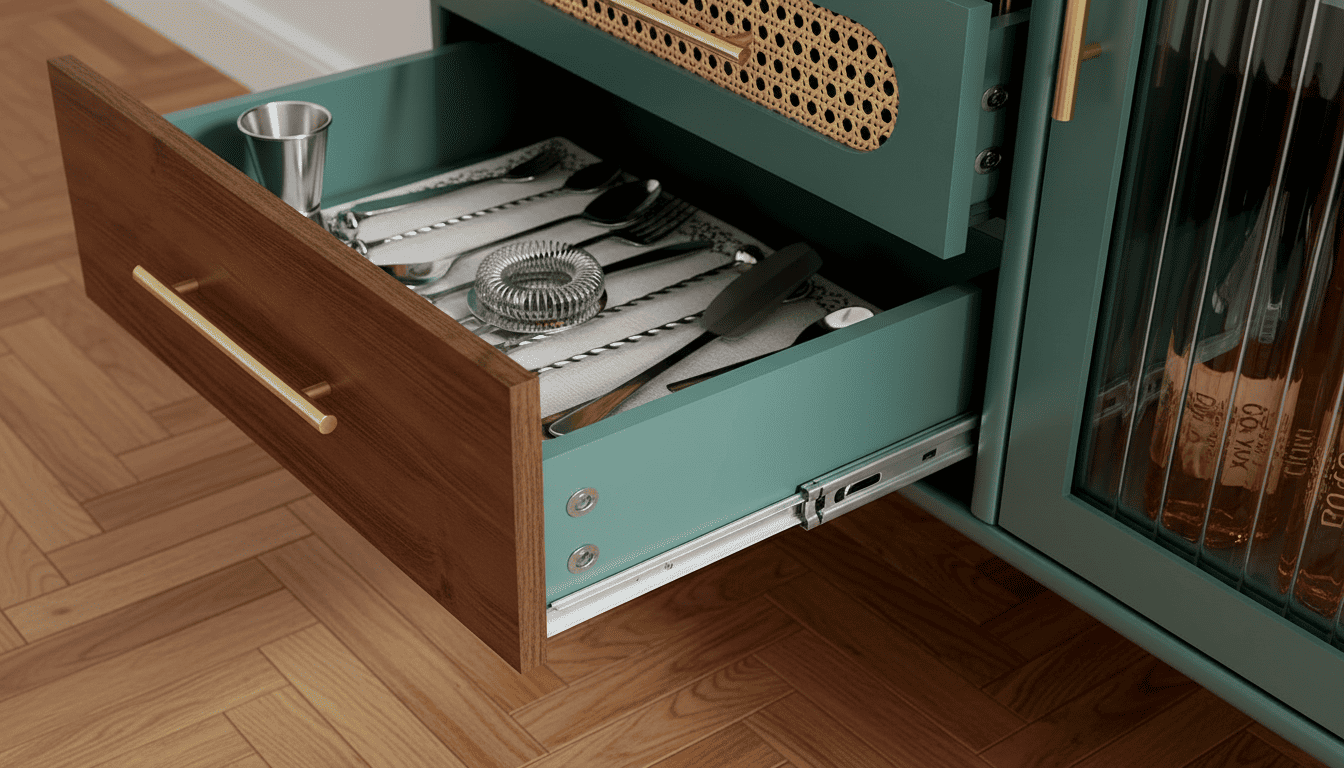 Close-up of HOLTICO cabinet drawer with metal tracks and organized cocktail tools.