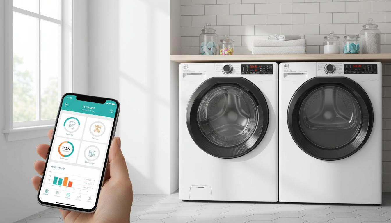 White Hoover smart washing machine with a smartphone displaying a laundry control app in a modern laundry room. Best smart washing machine for families