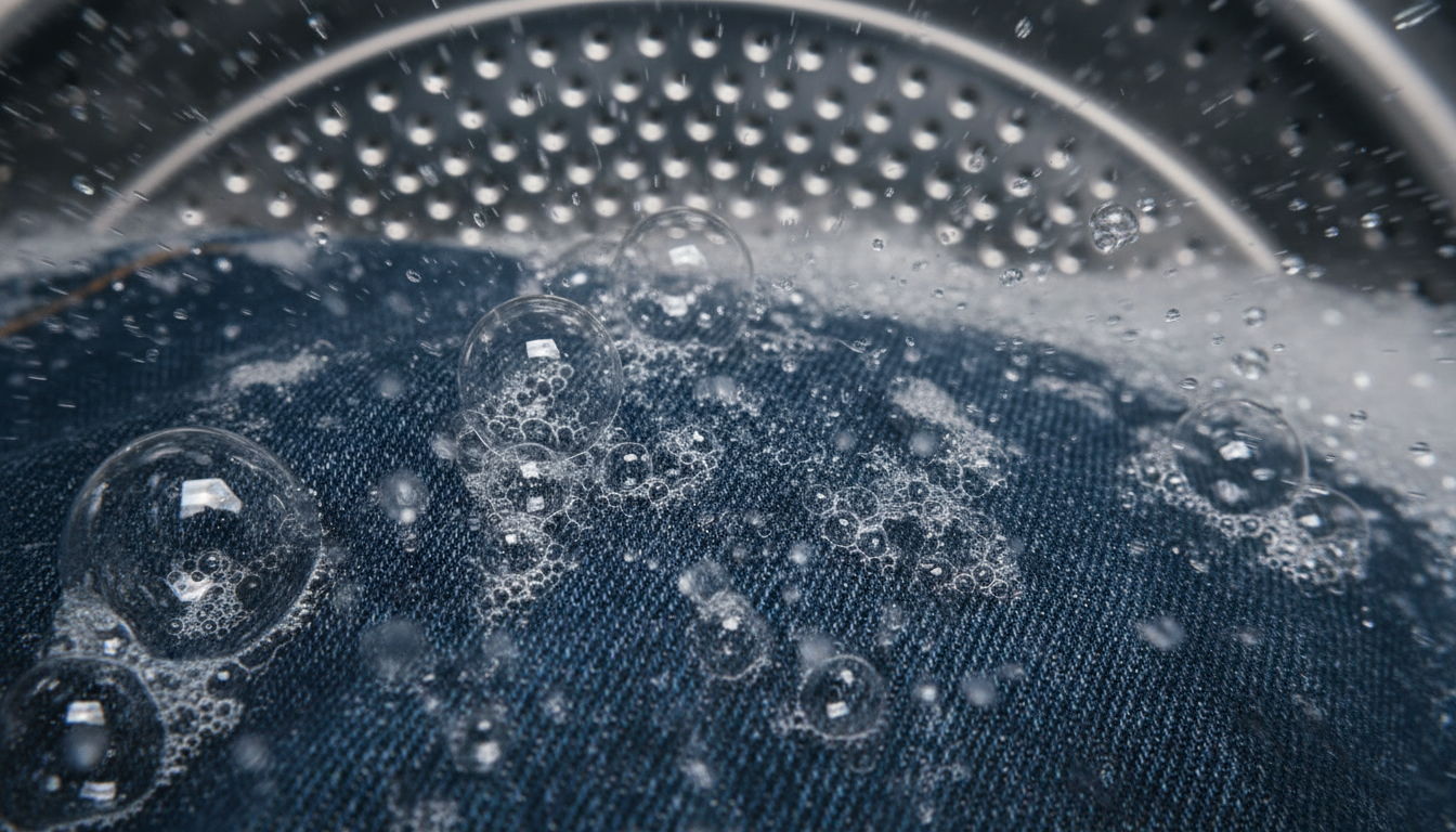 Close-up of detergent bubbles penetrating denim fabric inside a washing machine drum.