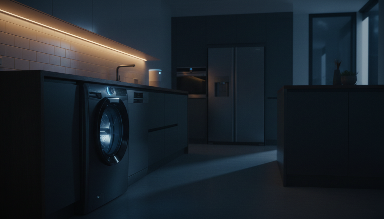 Hoover washing machine glowing with blue LED light in a modern smart home kitchen setting.