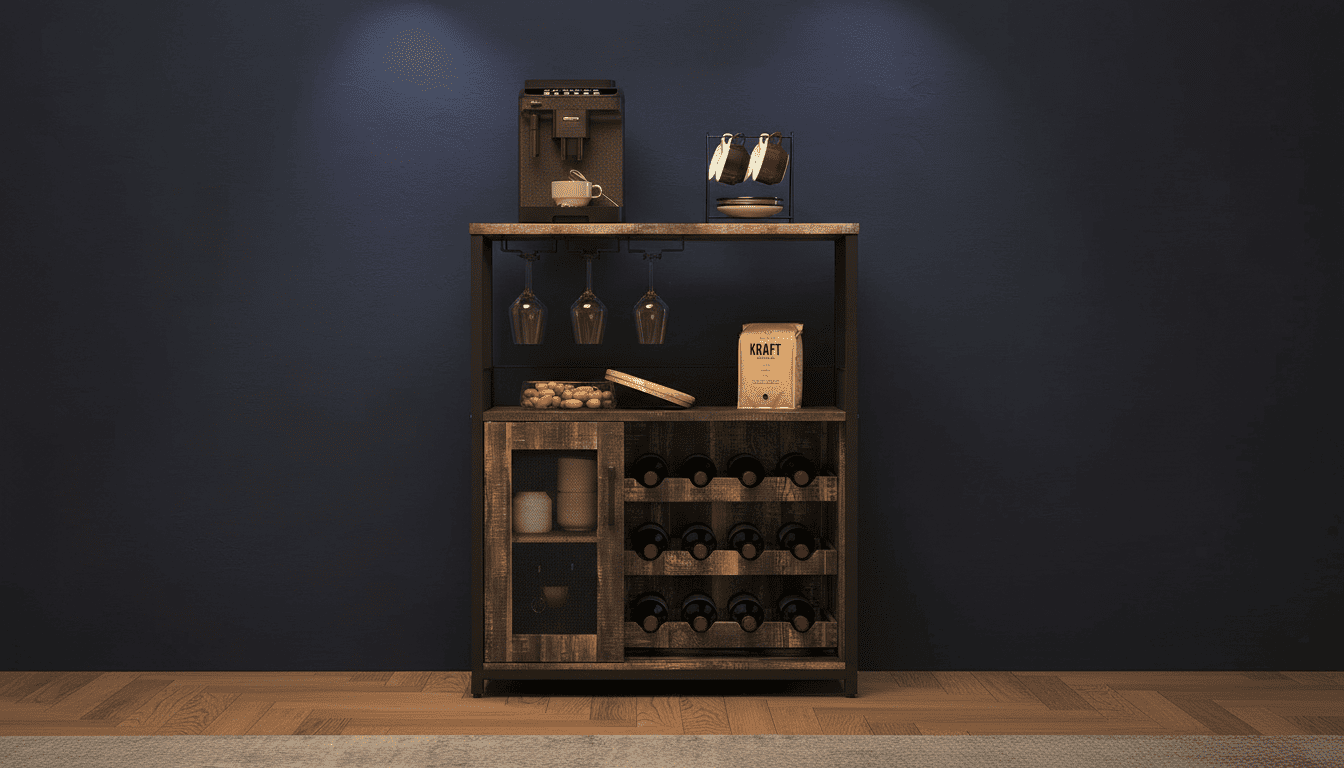 ndustrial wine sideboard with black steel frame and rustic wood top against a navy wall with warm lighting and wine bottles. Best wine rack cabinet -