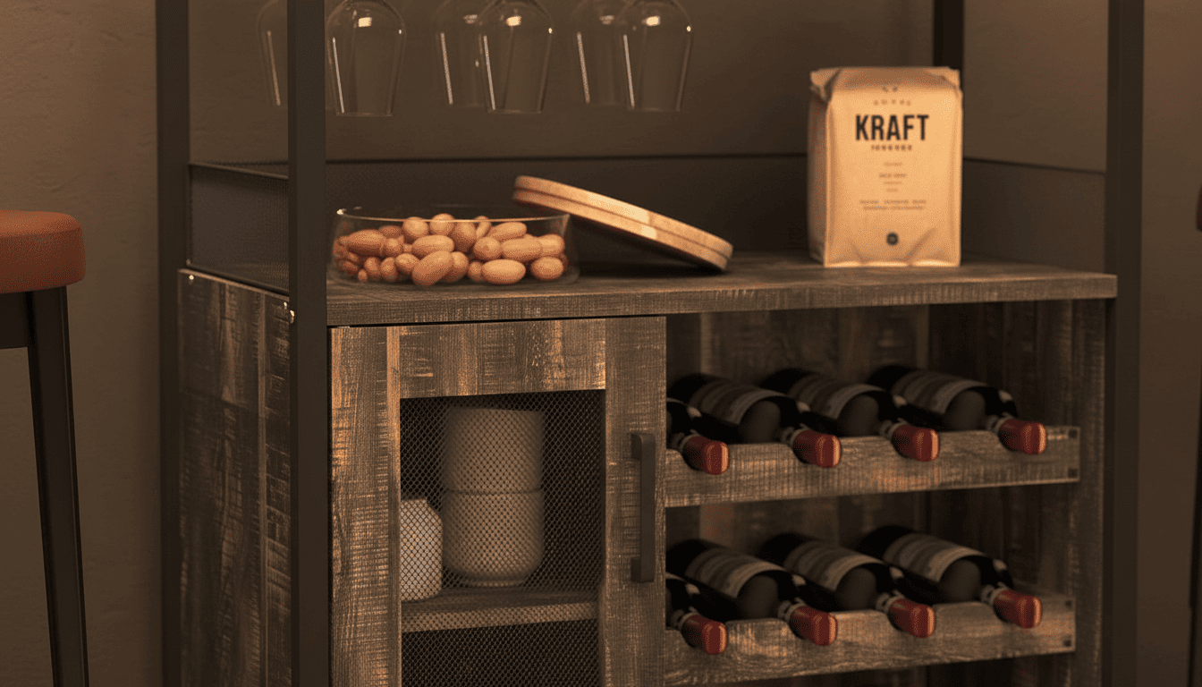 Close-up of mesh metal doors and wine rack grid on an industrial bar cabinet with blurred wine glasses.