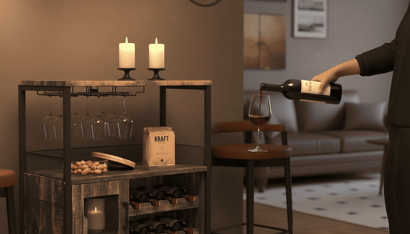 Hand pouring red wine on a rustic industrial sideboard in a candle-lit setting.