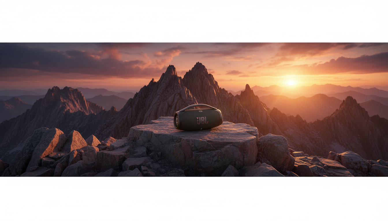 JBL Boombox 3 speaker placed on a mountain peak at sunset in a rugged outdoor setting. Best waterproof outdoor party speaker